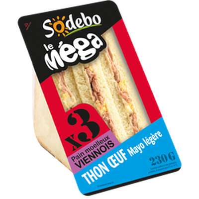 Sandwich le méga club viennois, thon, oeuf et mayonnaise légère, Sodebo (230 g)