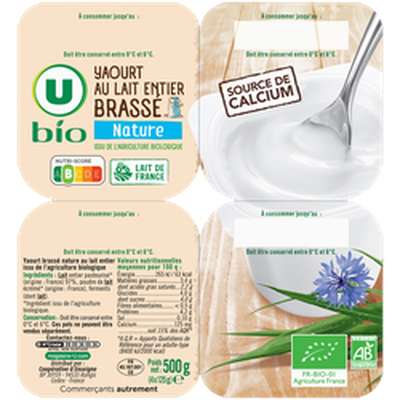 Yaourt nature brassé BIO, U (4 x 125 g)