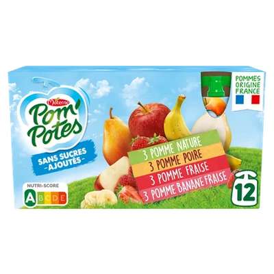 Gourdes pomme, pomme/fraise, poire et banane/fraise sans sucres ajoutés, Pom'Potes (12 x 90 g)