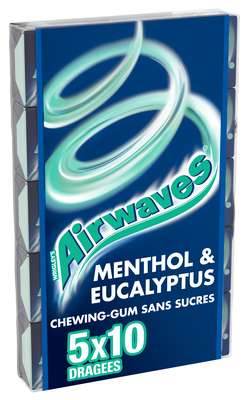 Chewing-gum sans sucre menthol Eucalyptus, Airwaves (5 étuis de 10 dragées)