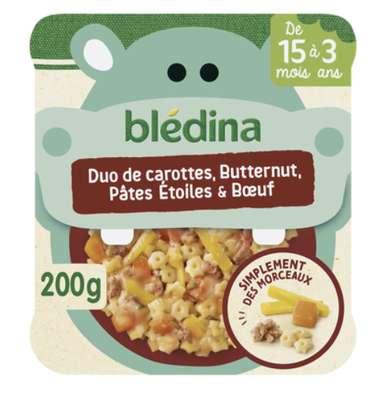Duo de carottes, butternut, pâtes étoiles & boeuf - dès 15 mois, Blédina (200 g)