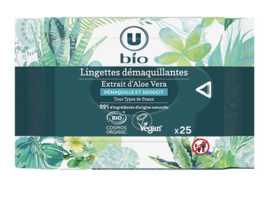 Lingettes démaquillantes à l'aloe vera pour tous types de peaux, U bio (x 25)