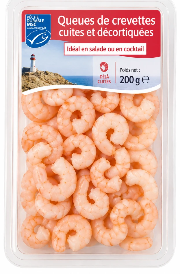 Queues de crevettes cuites et décortiquées