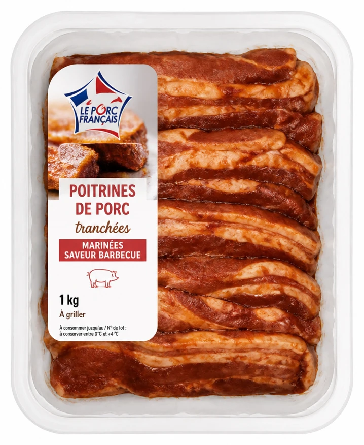 Poitrines de porc tranchées marinée saveur barbecue
