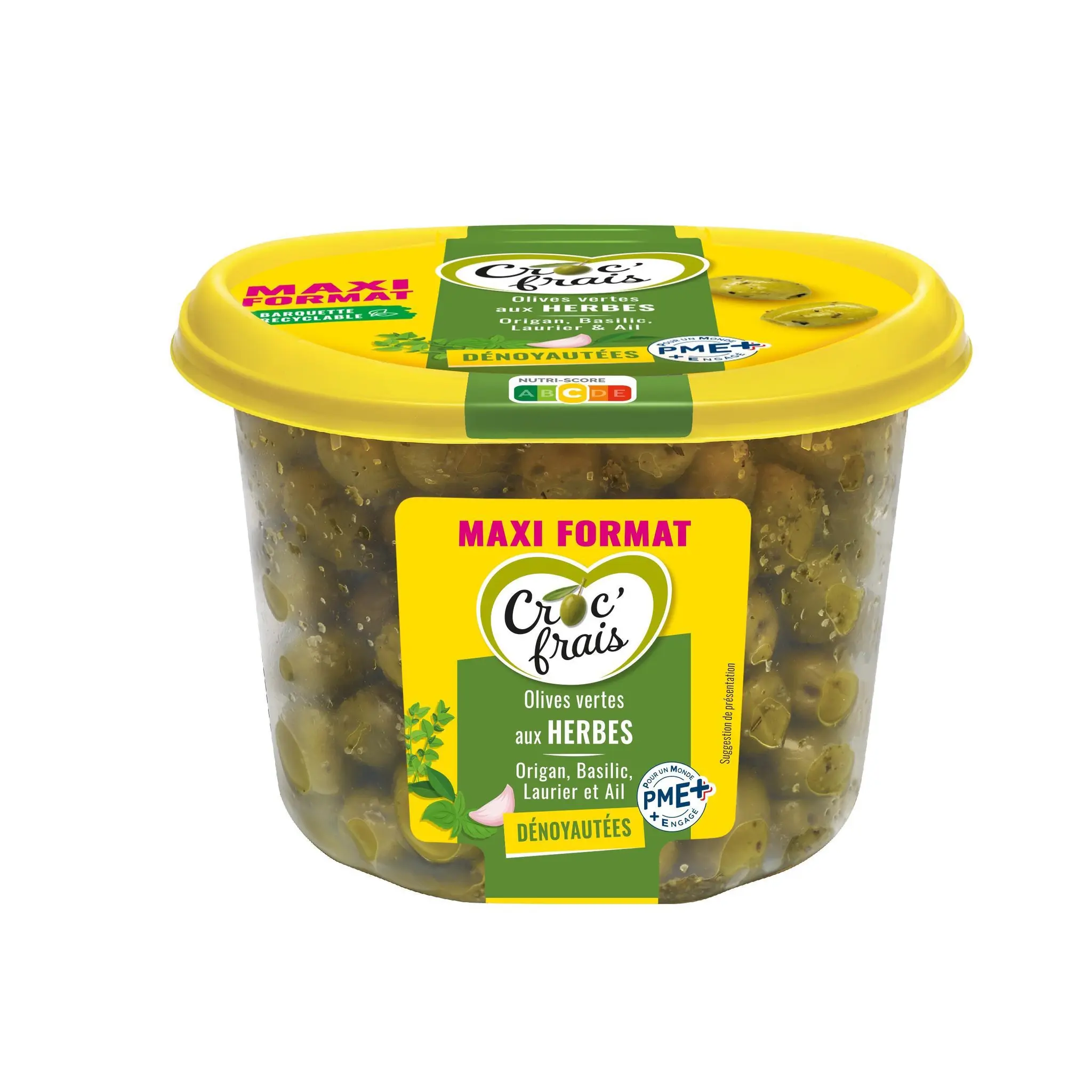 CROC'FRAIS Olives vertes dénoyautées aux herbes origan, basilic, laurier et ail