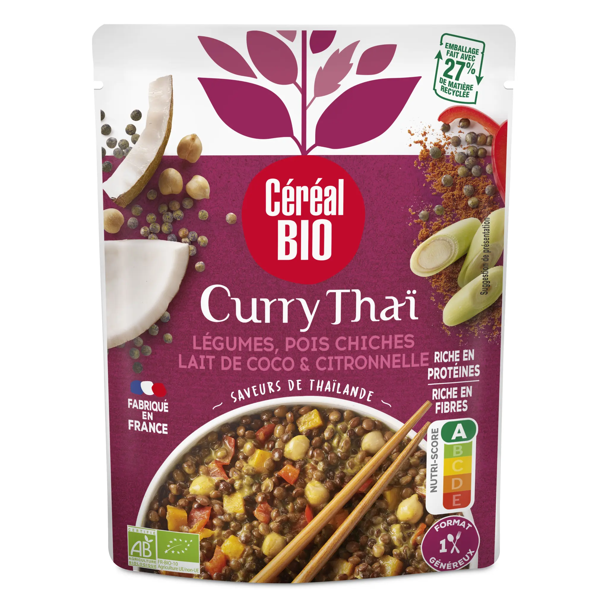 CÉRÉAL BIO Curry Thaï légumes pois chiches lait de coco et citronnelle sachet express