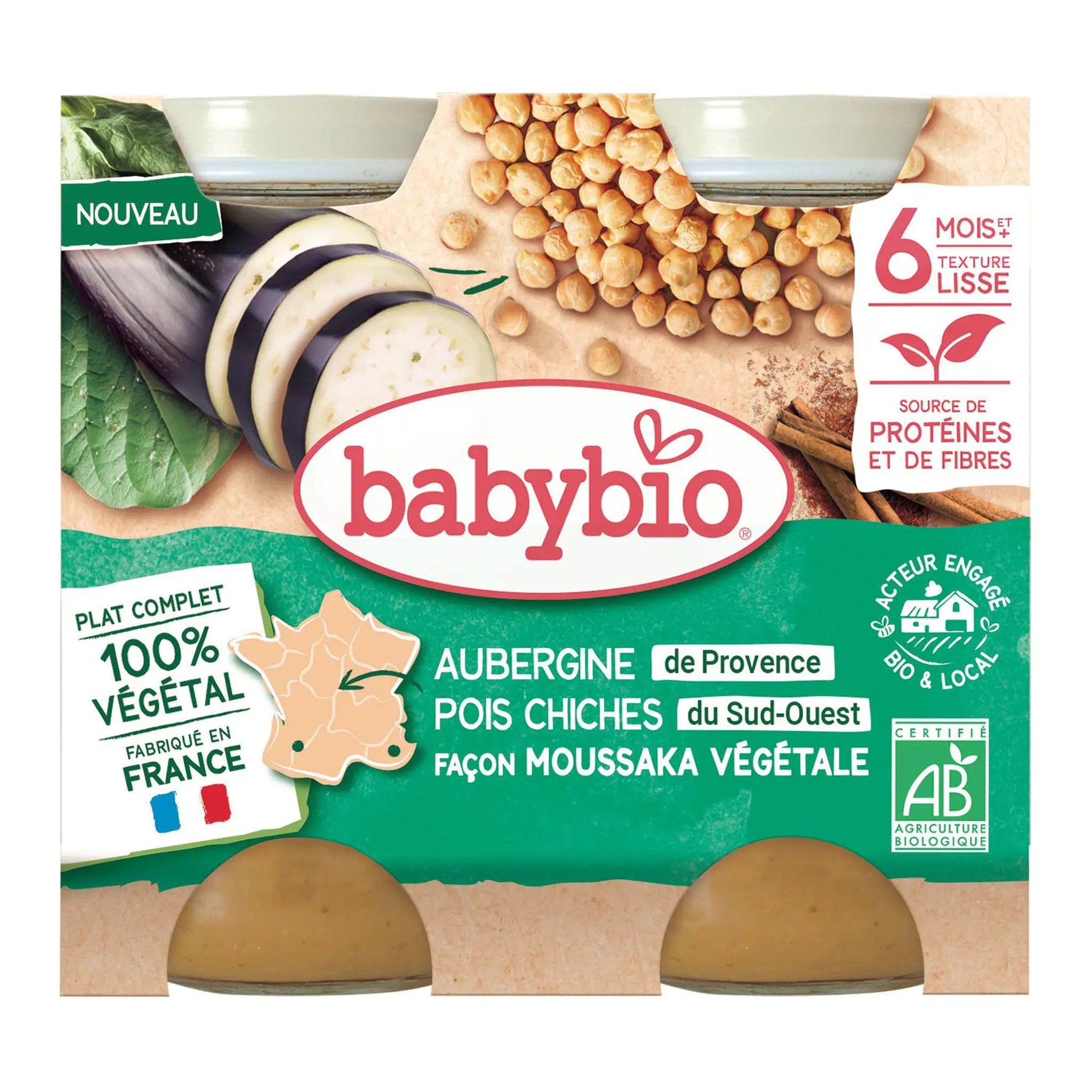 BABYBIO Petits pots aubergine et pois chiches façon moussaka végétale bio dès 6 mois