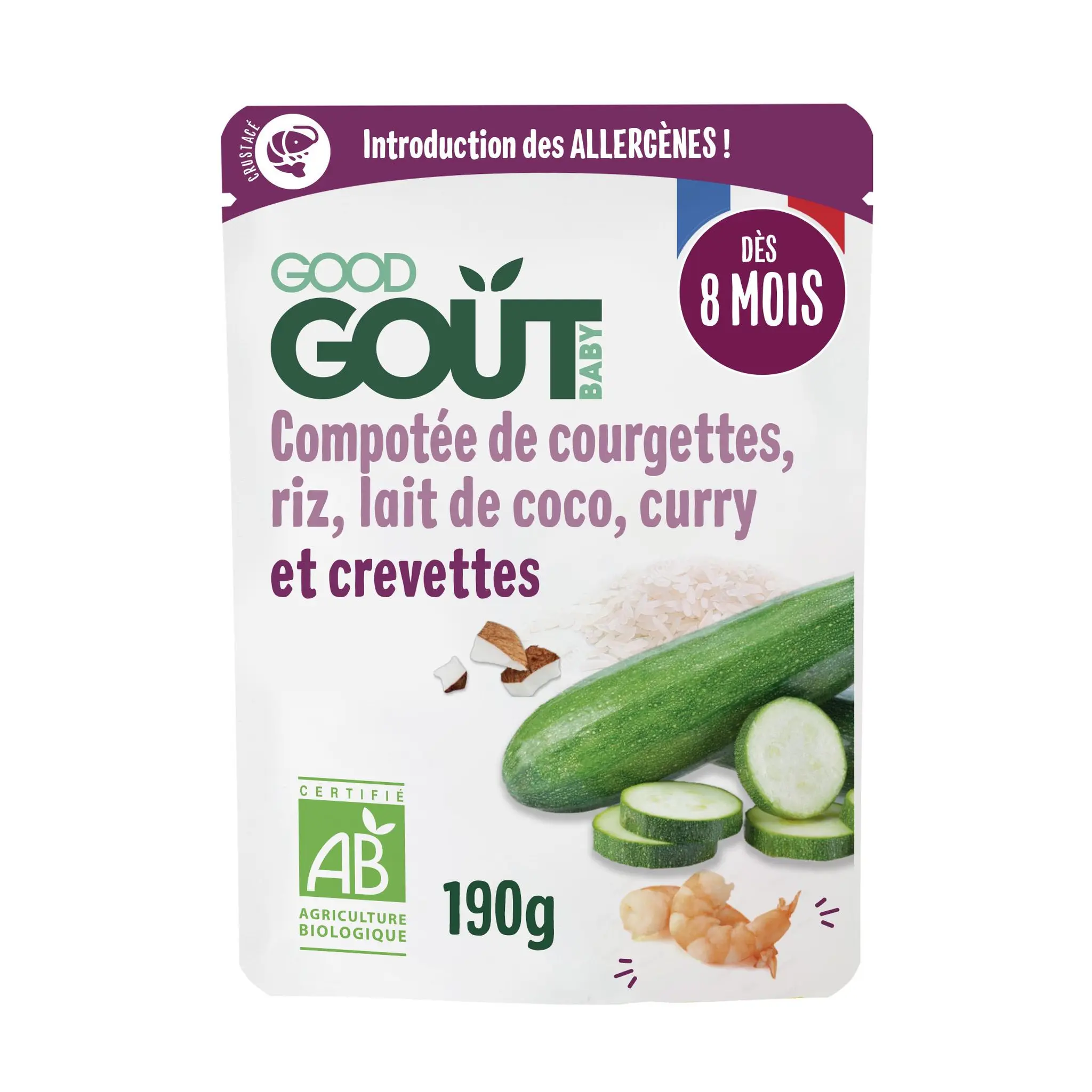 GOOD GOUT Compotée de courgettes, riz, lait de coco, curry et crevettes bio dès 8 mois
