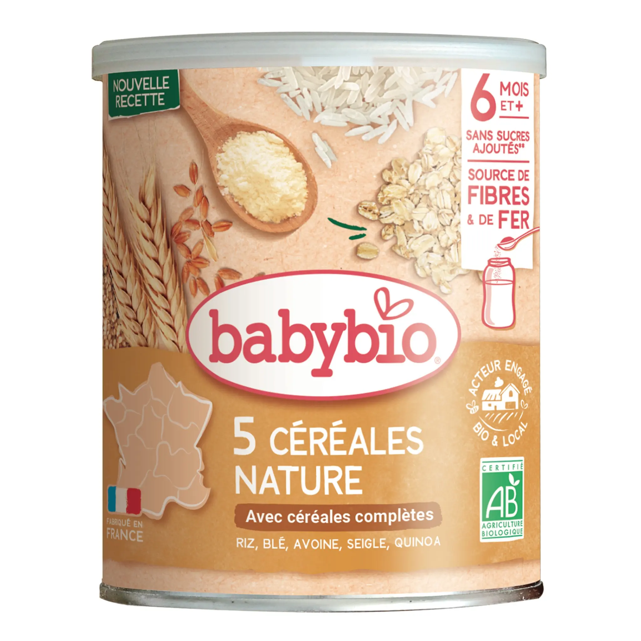BABYBIO 5 Céréales nature avec riz blé avoine seigle quinoa bio en poudre dès 6 mois