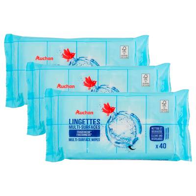 Auchan Lingettes multi-surfaces fraîcheur, Lot de 3x40 lingettes