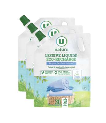 Lot de 3 x Lessive liquide fraîcheur intense (éco-recharge), U Nature (1,5 L)