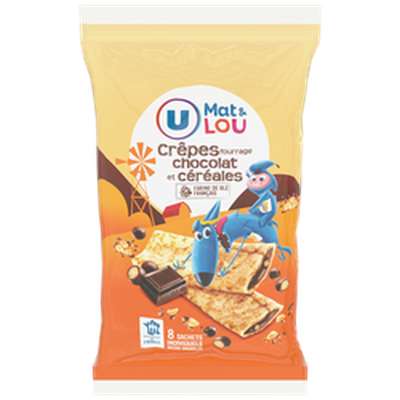 Crêpes fourrées chocolat et céréales, U Mat & Lou (x 8, 256 g)