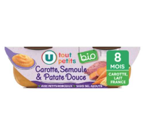 Bols plat du soir carottes, semoule et patate douce BIO - dès 8 mois, U Tout Petits (2 x 200 g)