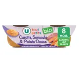 Bols plat du soir carottes, semoule et patate douce BIO - dès 8 mois, U Tout Petits (2 x 200 g)