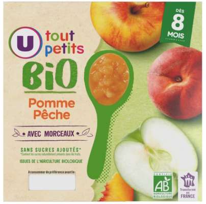 Pots pour bébé dessert pomme et pêche avec morceaux - dès 8 mois, U Tout Petits (4 x 100 g)