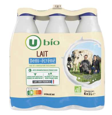 Pack de Lait UHT demi écrémé, U BIO (6 x 1 L)