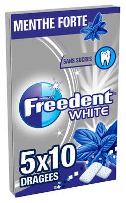 Chewing gum dragée Menthe forte sans sucre, Freedent White (5 étuis de 10 dragées)