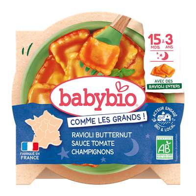 Assiette menu ravioli butternut, sauce tomate et champignons BIO - dès 15 mois, Babybio (260 g)