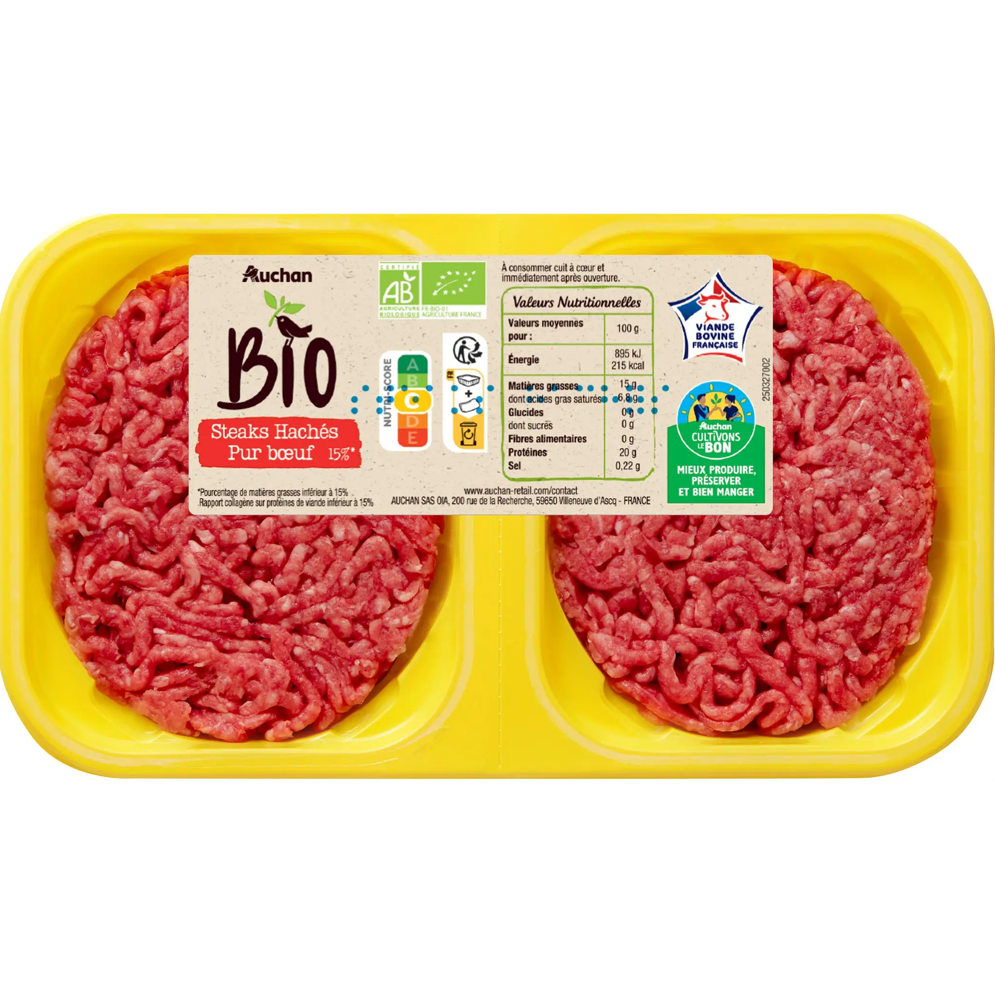AUCHAN BIO CULTIVONS LE BON Steaks Hachés Pur bœuf 15%MG bio