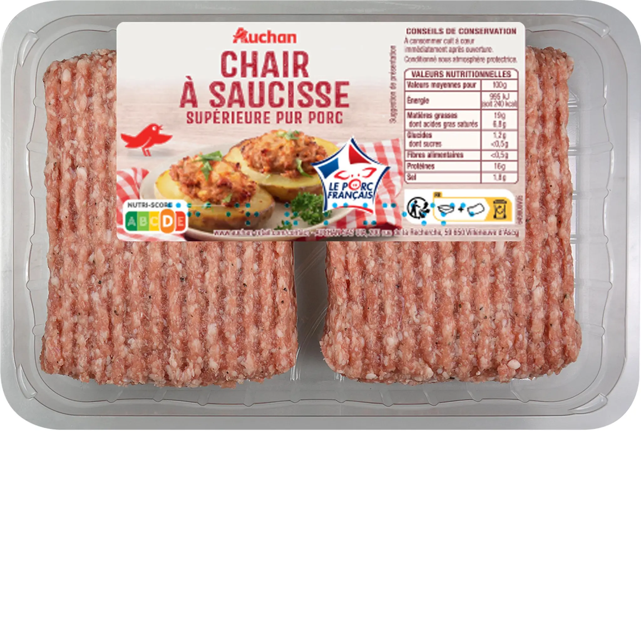 AUCHAN Chair à saucisse supérieur pur porc