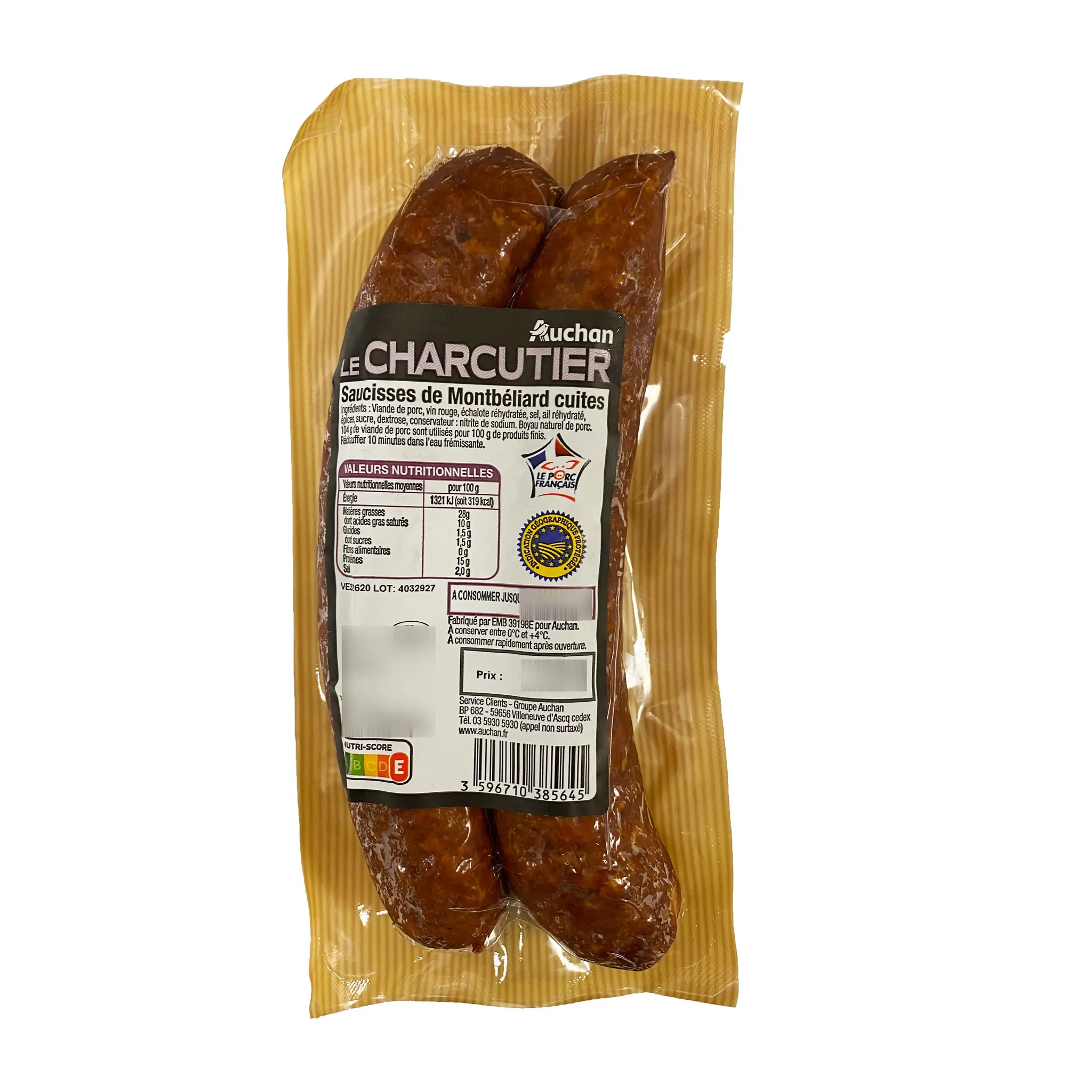 AUCHAN LE CHARCUTIER Saucisses de Montbéliard cuites IGP