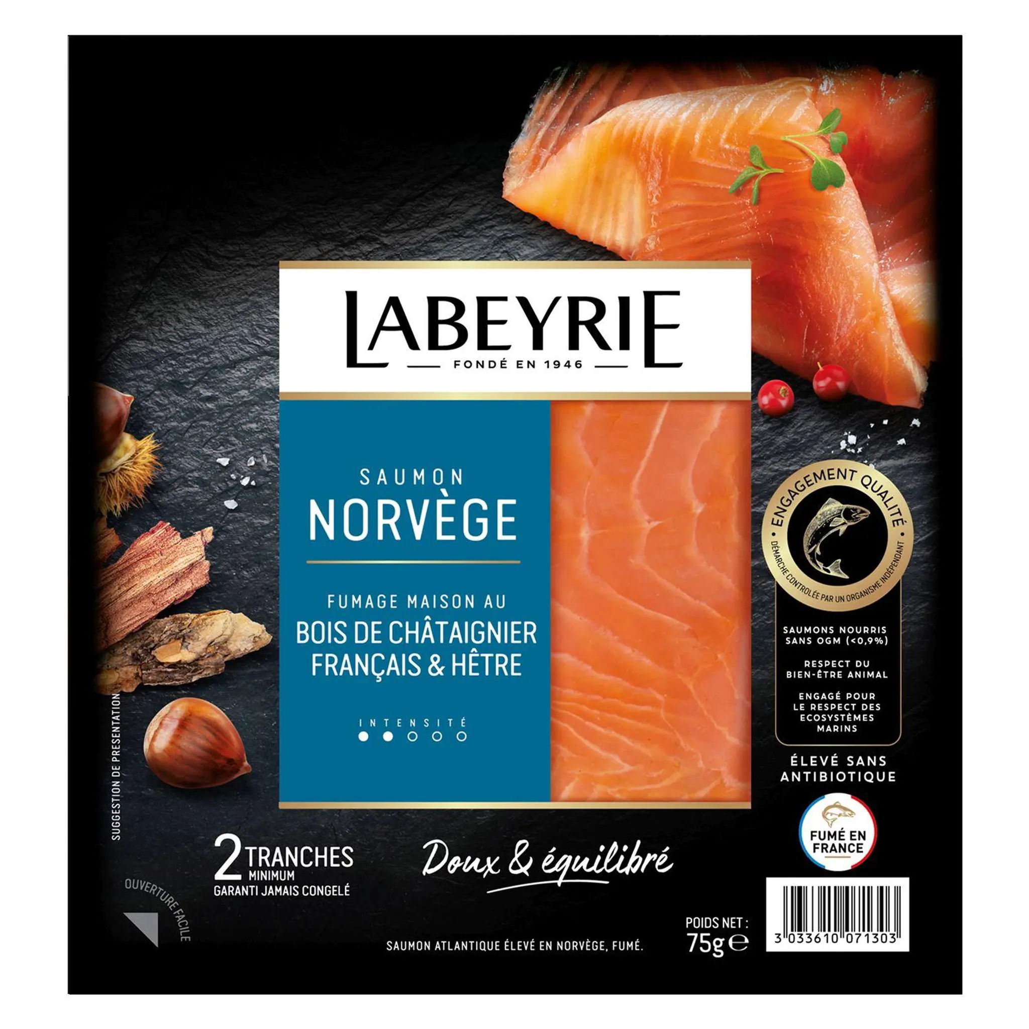 LABEYRIE Saumon fumé de Norvège bois de châtaigner français et hêtre
