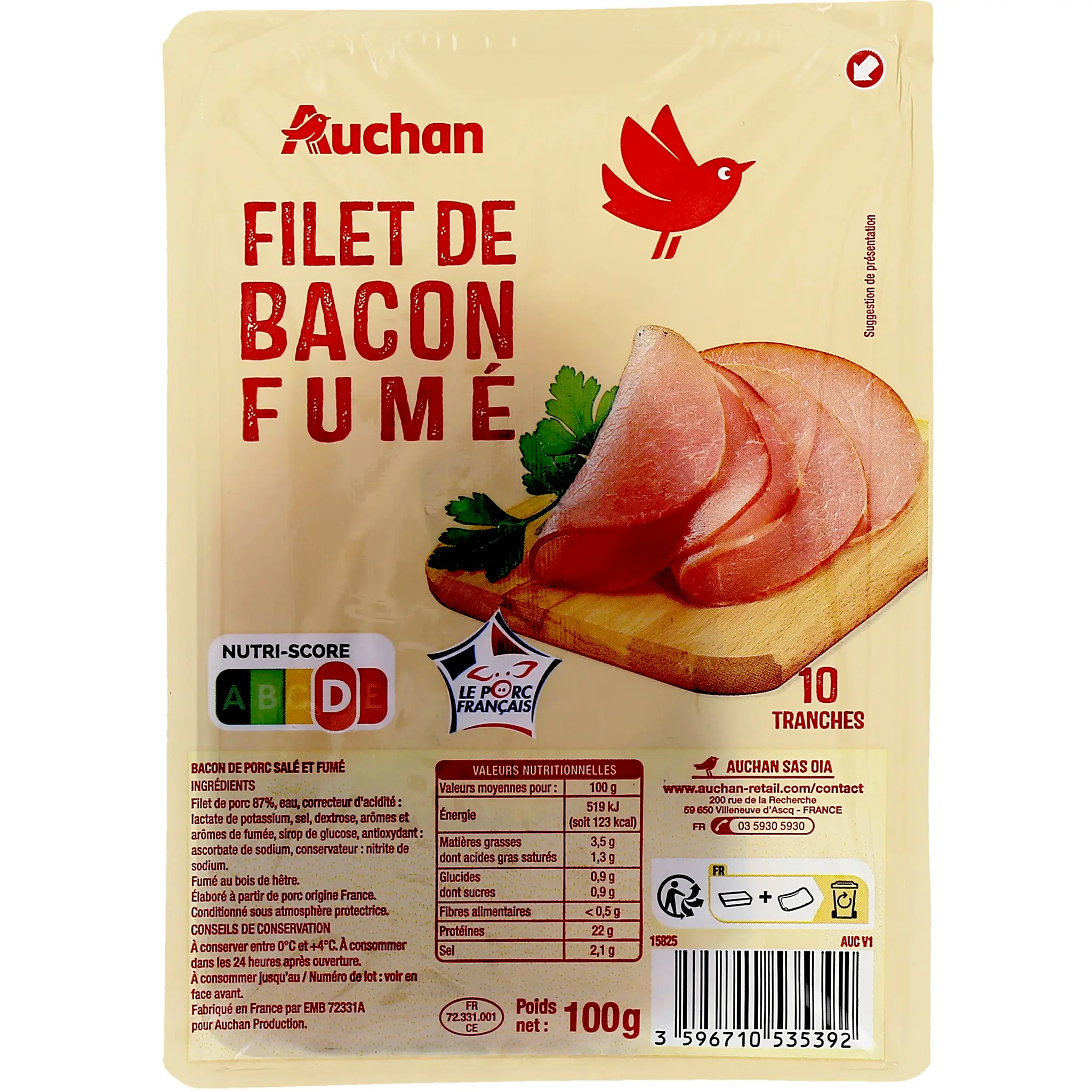 AUCHAN Filet de bacon fumé