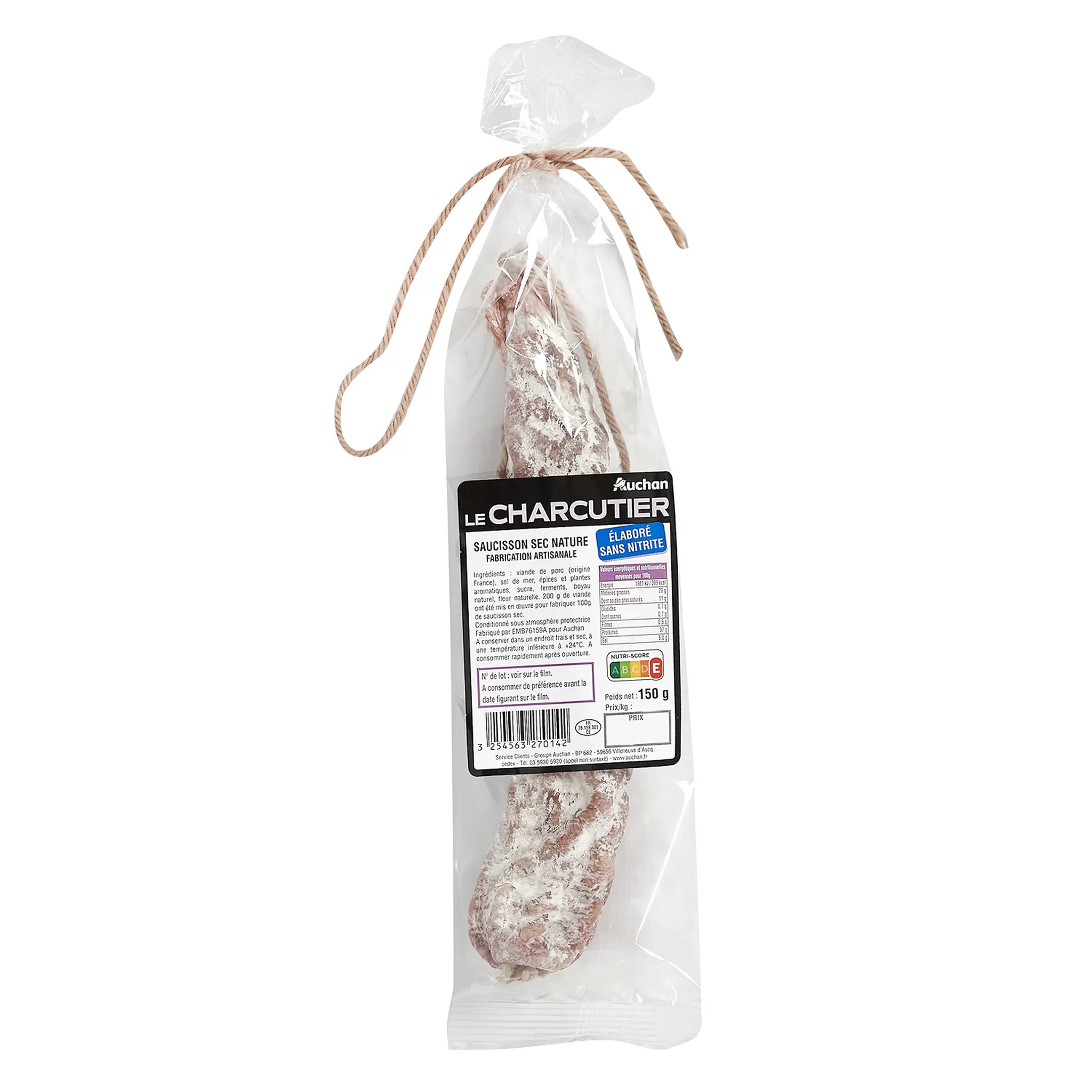 AUCHAN LE CHARCUTIER Saucisson sec nature sans nitrite