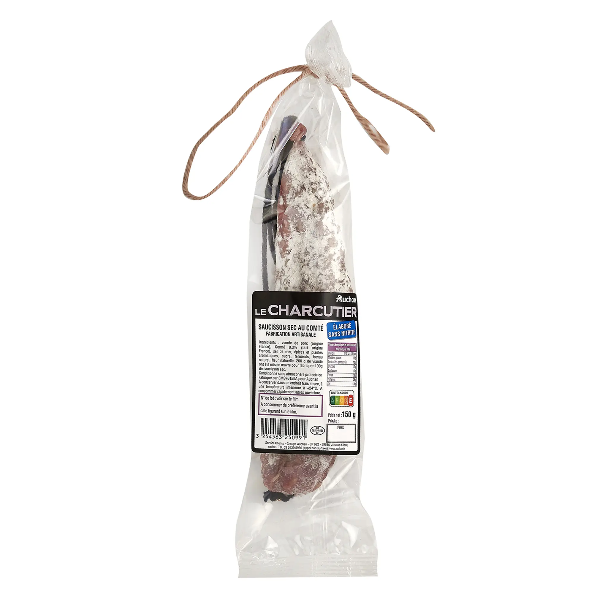 AUCHAN LE CHARCUTIER Saucisson sec au comté élaboré sans nitrite