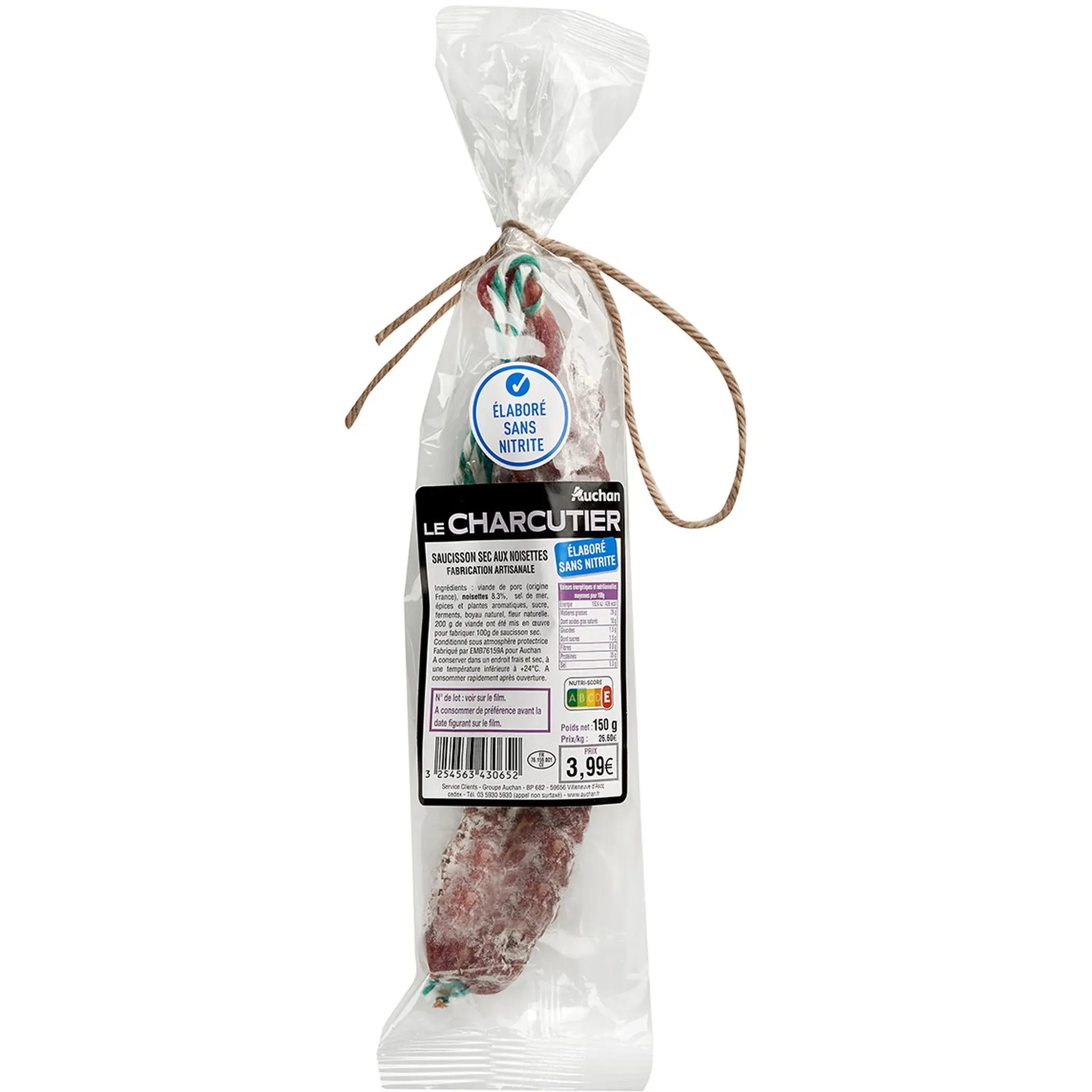 AUCHAN LE CHARCUTIER Saucisson sec aux noisettes sans nitrite