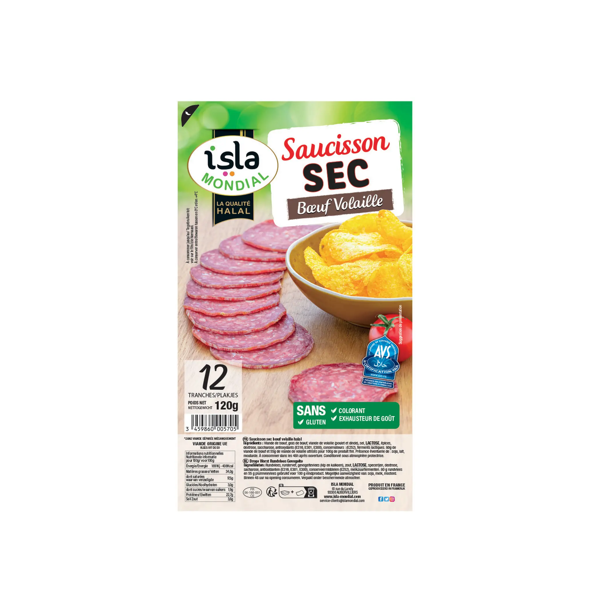 ISLA MONDIAL Saucisson sec de boeuf et volaille halal sans gluten