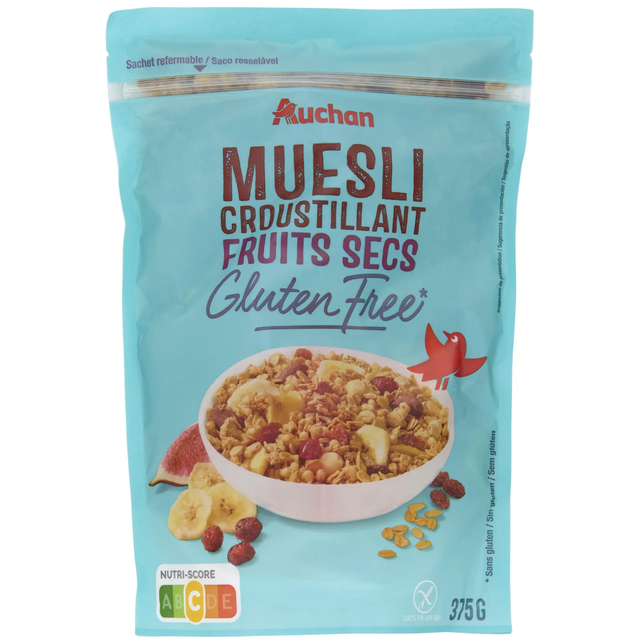 AUCHAN Muesli croustillant fruits secs sans gluten