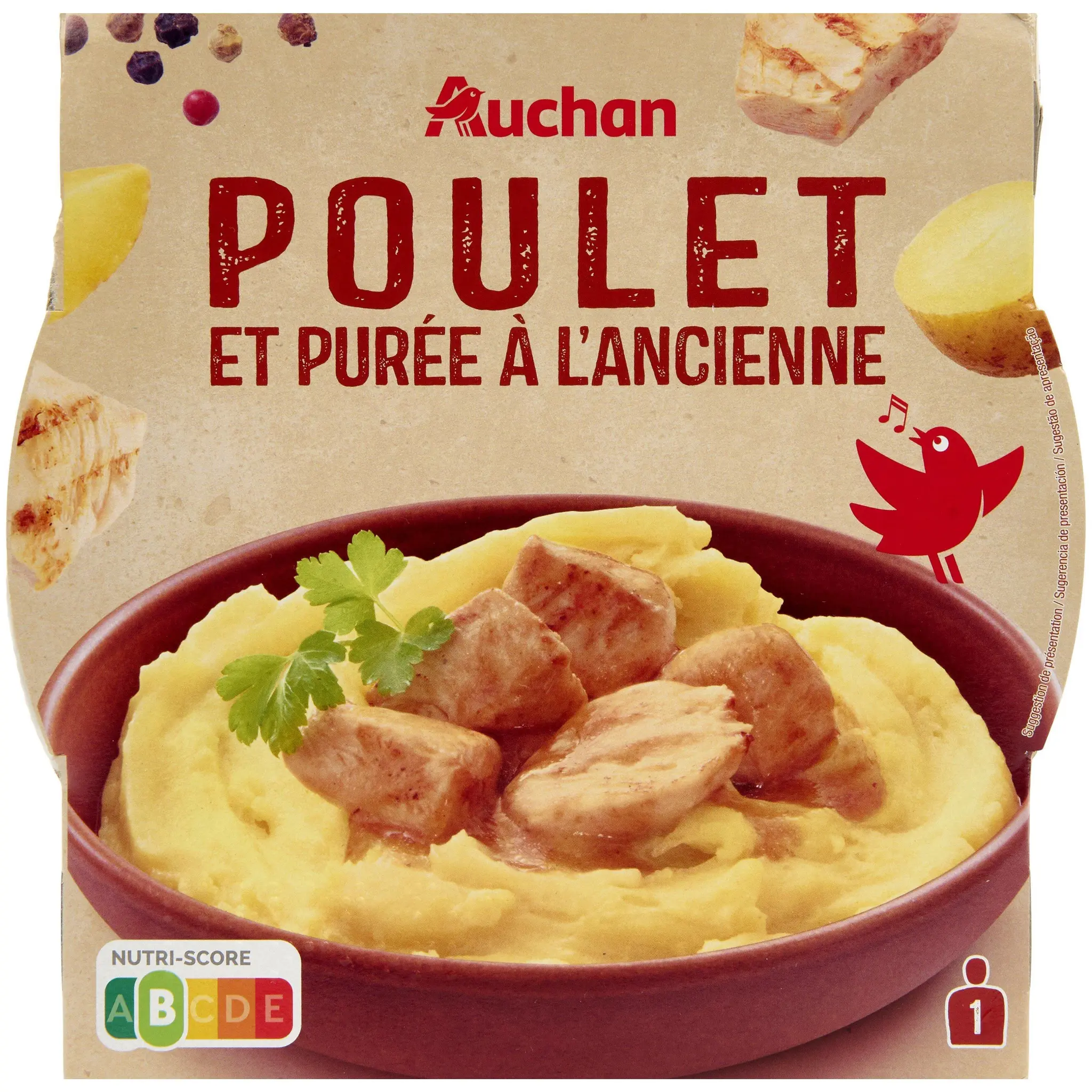 AUCHAN Poulet rôti purée à l'ancienne barquette 2min micro-ondes