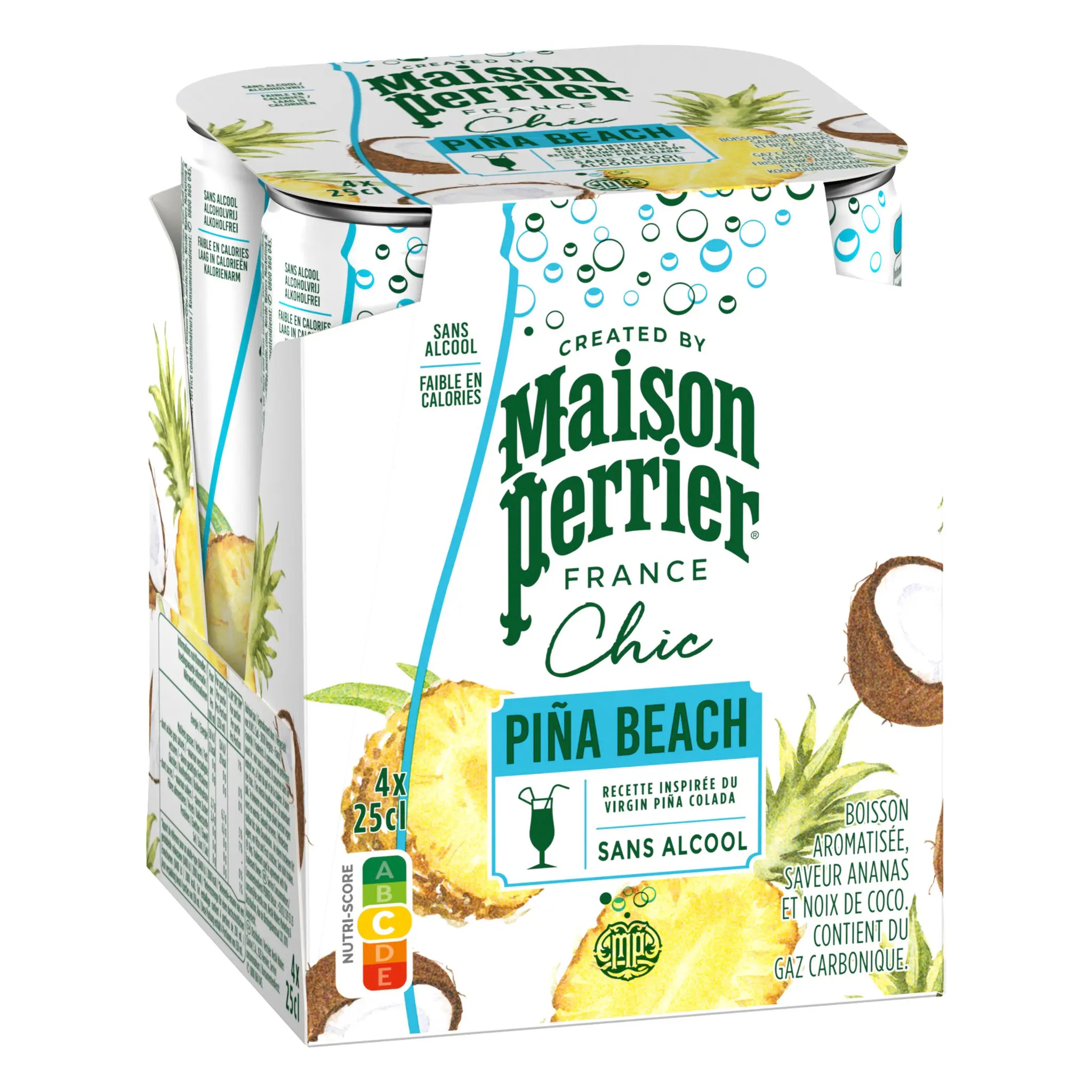 MAISON PERRIER Piña beach Boisson gazeuse et jus d'ananas coco sans alcool boîtes
