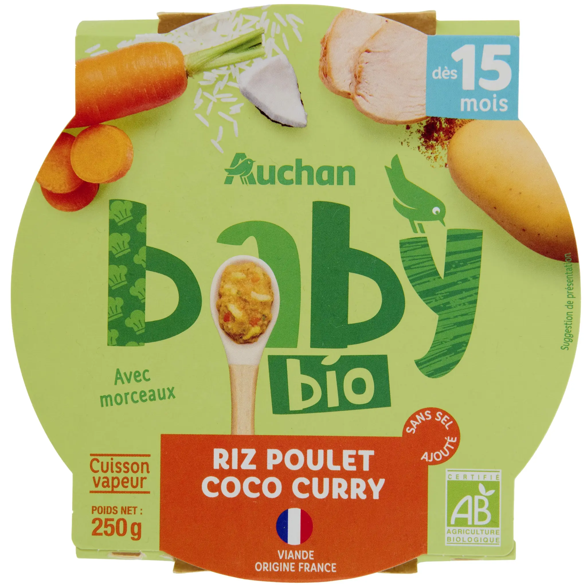 AUCHAN BABY BIO Assiette riz poulet coco curry dès 15 mois