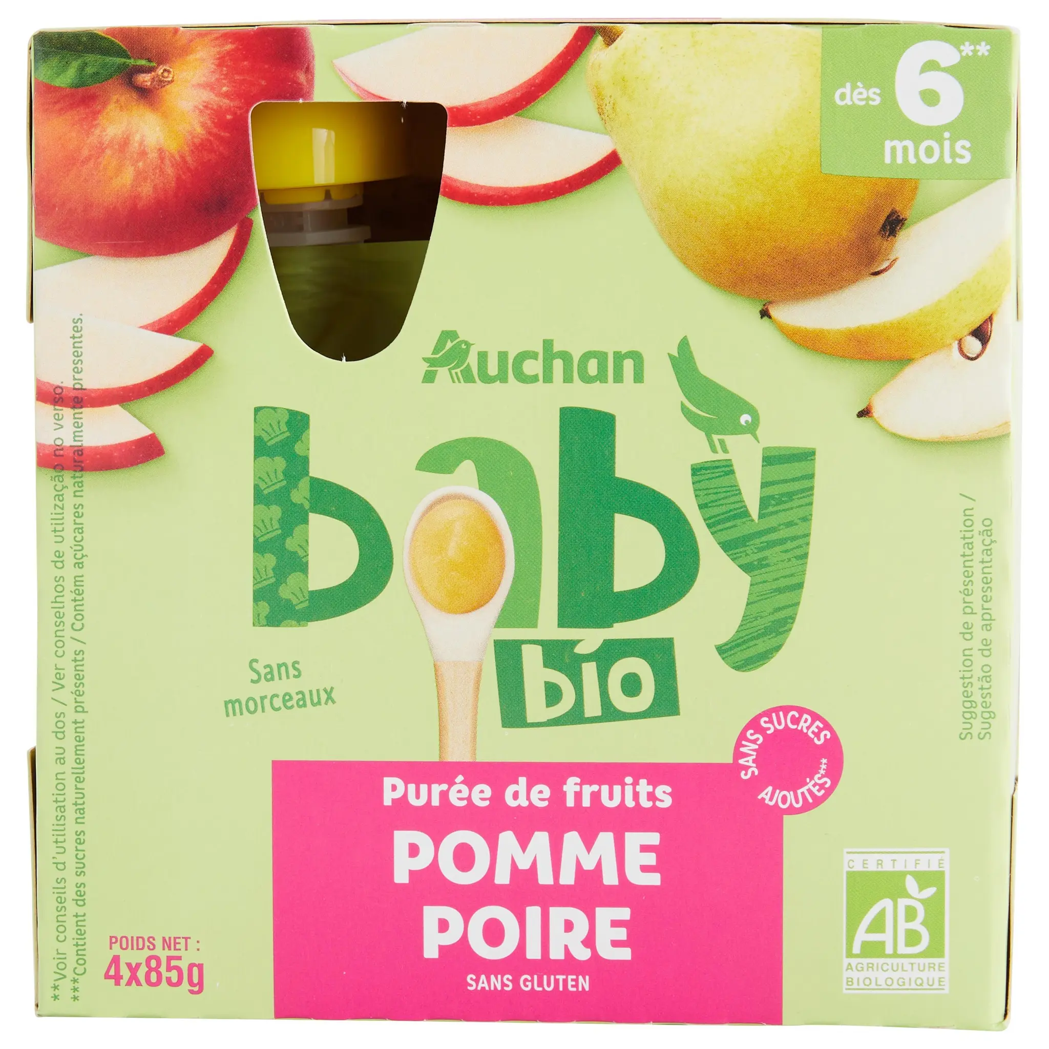 AUCHAN BABY BIO Gourde purée de fruits à la pomme poire dès 6 mois
