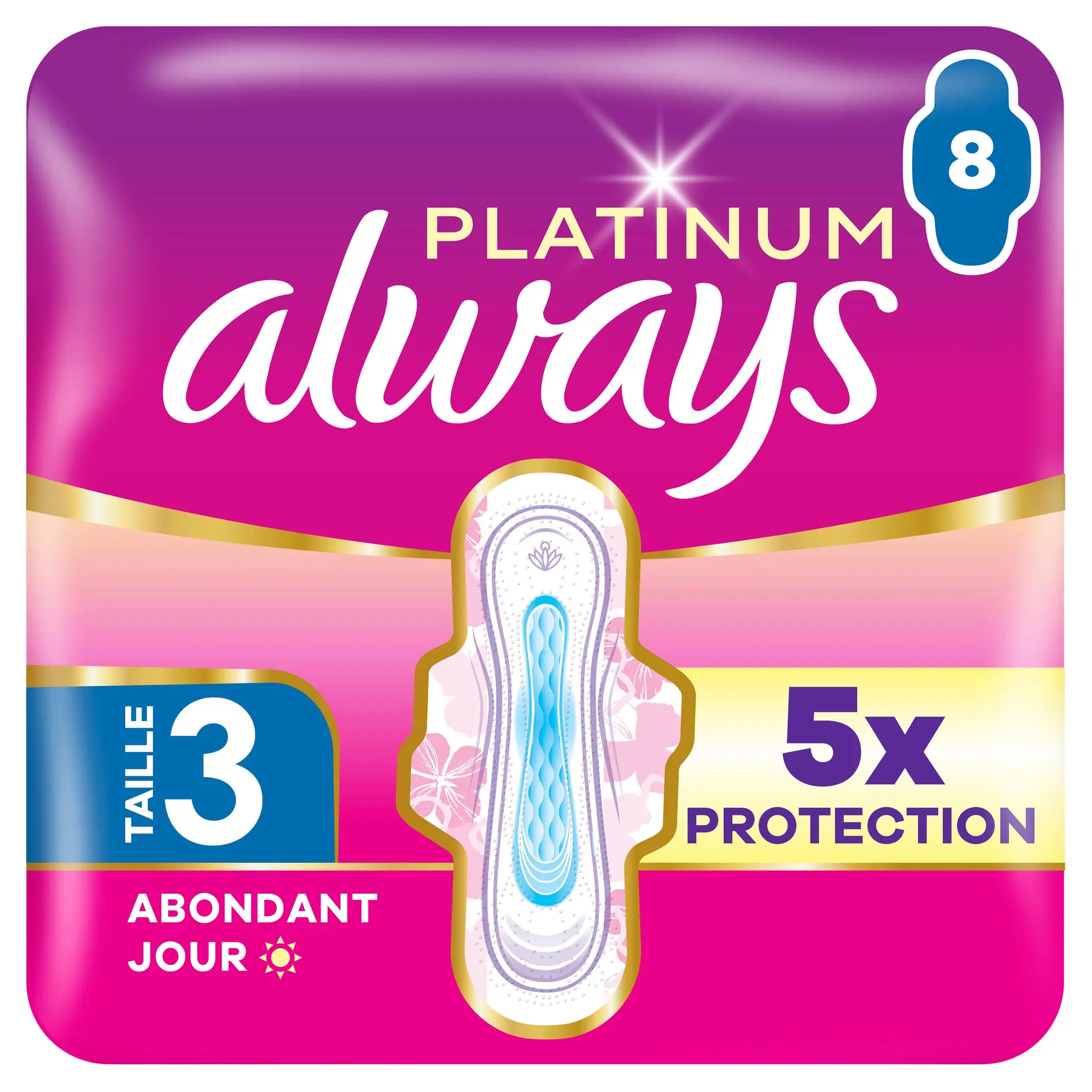 ALWAYS Platinum Serviettes hygiéniques avec ailettes flux abondant jour taille 3