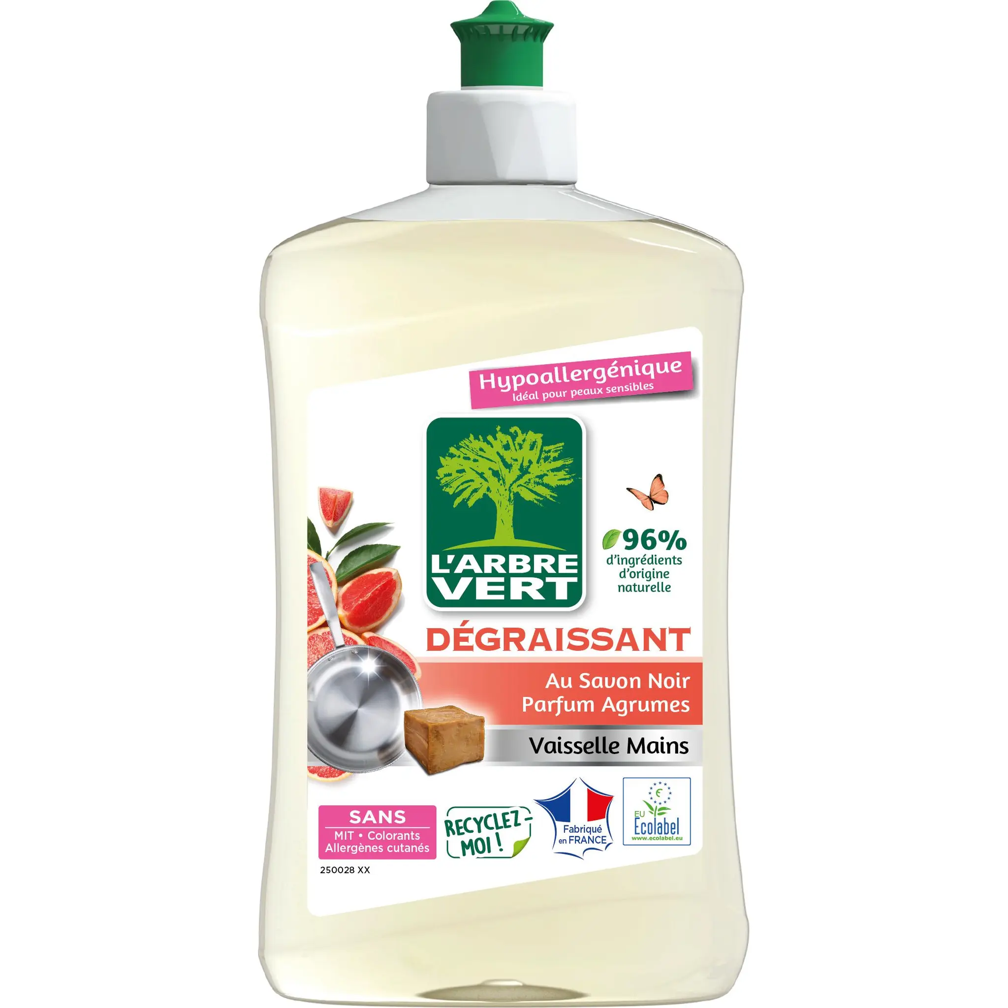 L'ARBRE VERT Liquide vaisselle mains dégraissant au savon noir parfum agrumes