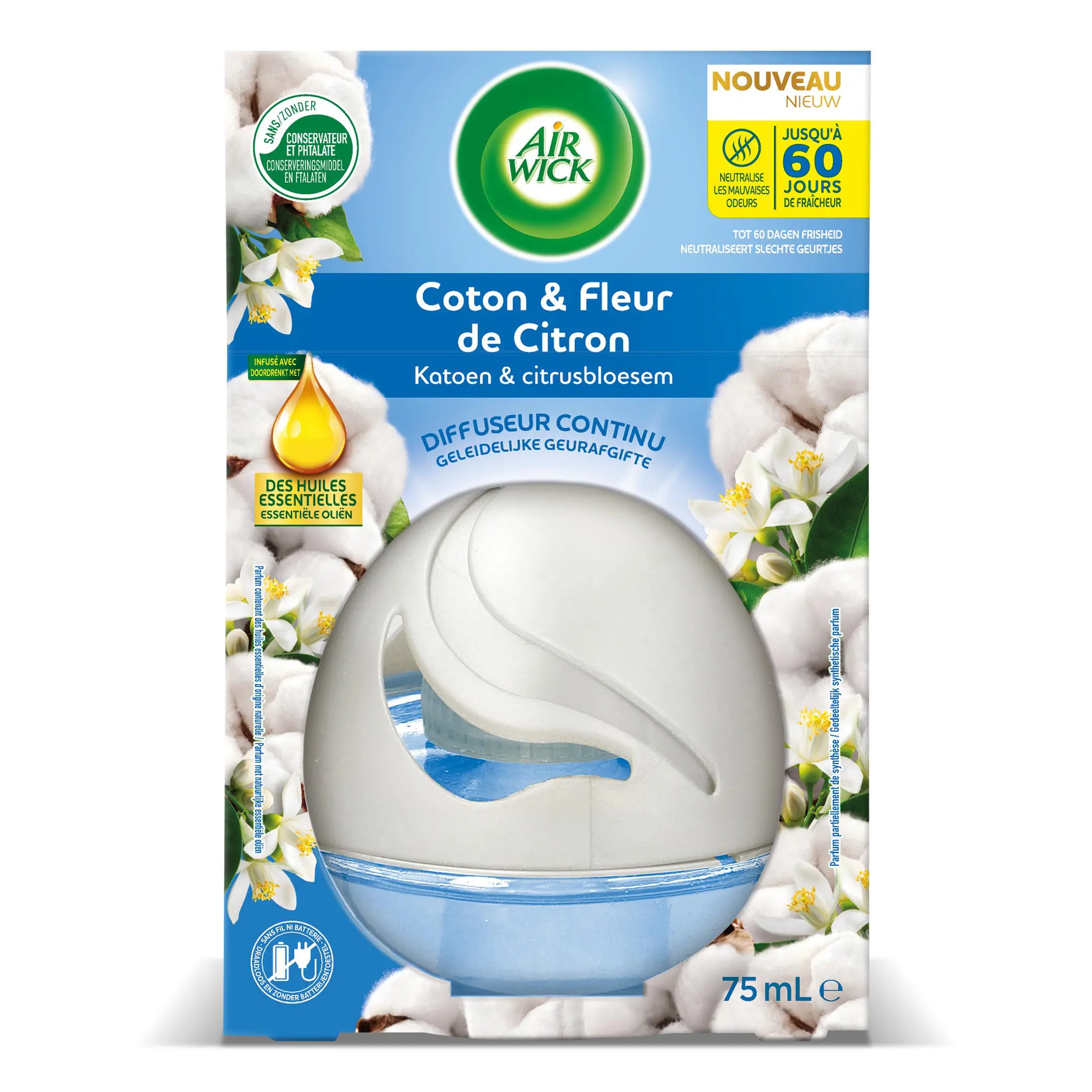 AIR WICK Diffuseur continu désodorisant coton et fleur de citron
