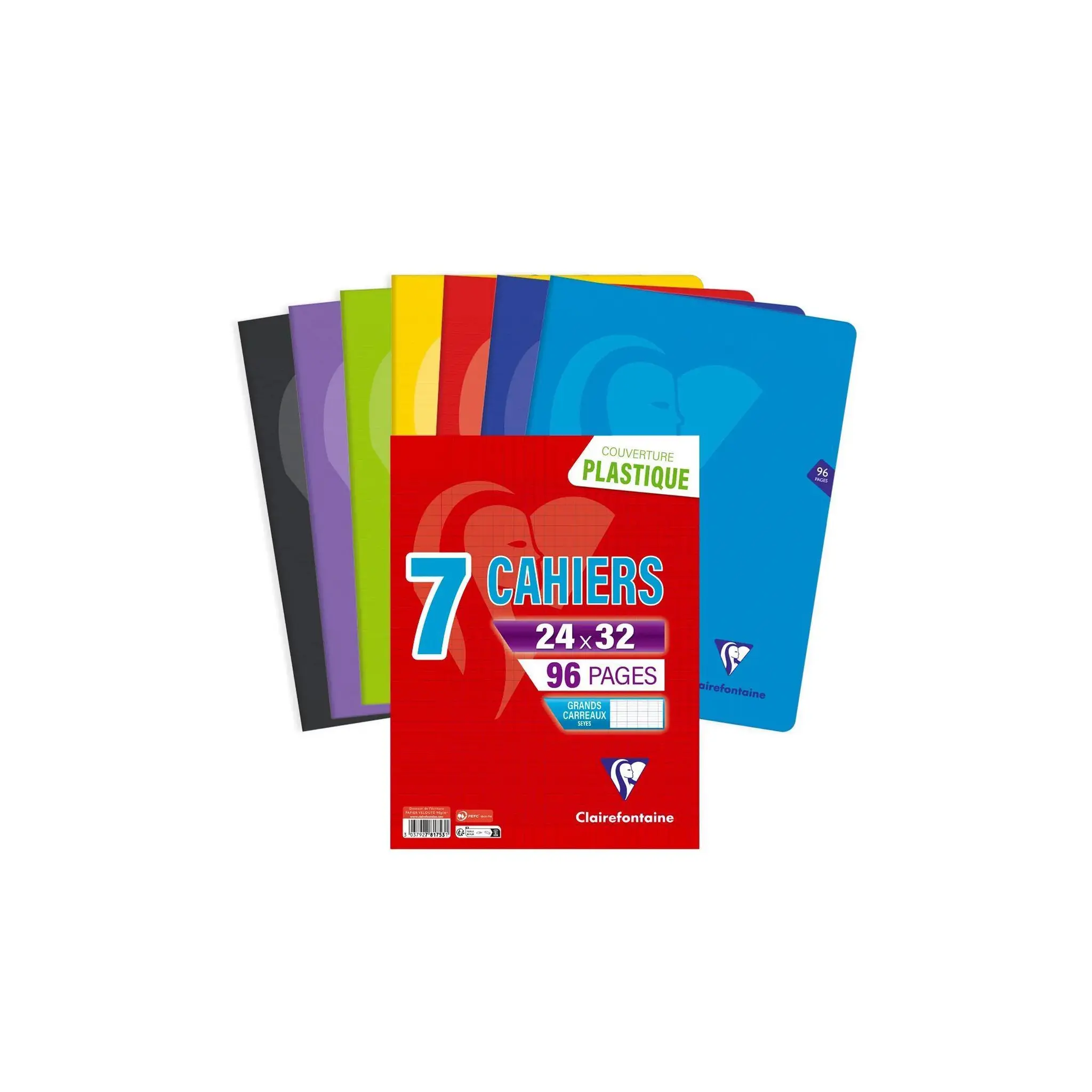 CLAIREFONTAINE Lot de 7 Cahiers Piqués – Couverture Polypropylène, 96 Pages