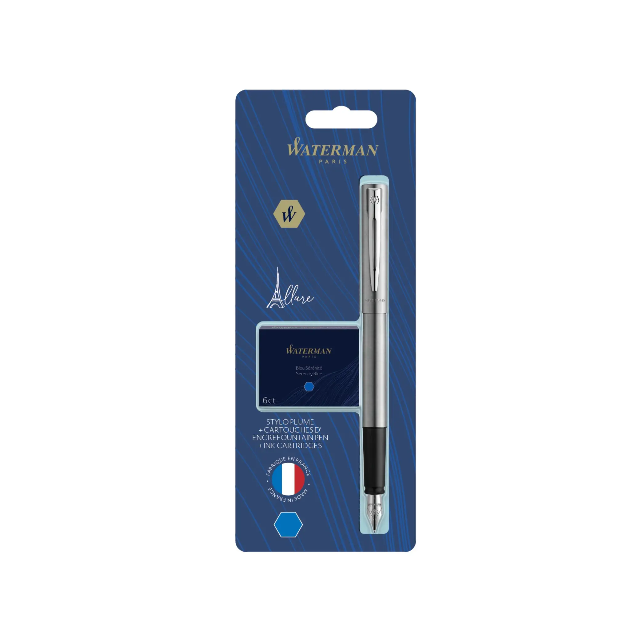 Stylo plume allure chrome pointe fine + 6 cartouches d'encre bleu Waterman