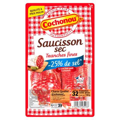 Cochonou Saucisson Sec Tranches Fines Réduit en Sel, 32 tranches - 100g