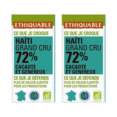 Ethiquable - Commerce Equitable Chocolat Noir 72% cacao Bio de Haiti, Lot de 2x100g