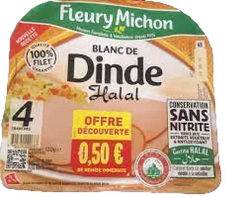 Blanc de dinde halal conservation sans nitrite, Fleury Michon (4 tranches, 130 g)