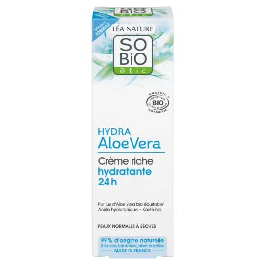 Crème Riche Hydratante 24h Visage Peau Sèche à Très Sèche Aloe Vera Karité Bio SO'BIO ETIC