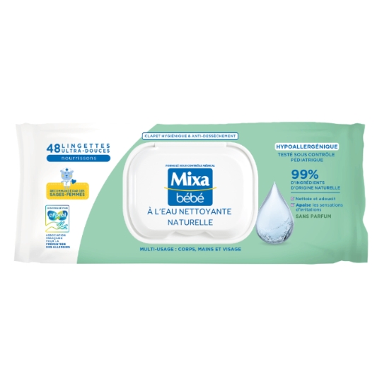 Lingettes bébé Nettoyantes Corps Visage et Mains à l'Eau MIXA BEBE
