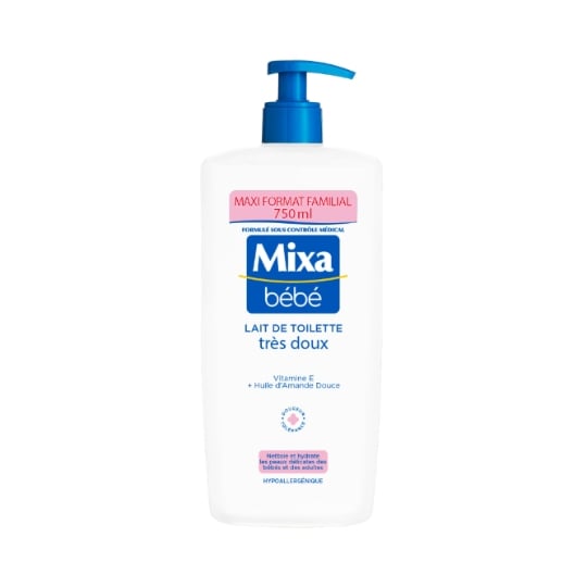 Lait de toilette bébé Nettoie et hydrate Corps et visage à la Vitamine E et à l'Huile d'Amande Douce Très Doux Hypoallergénique Maxi Format Familial MIXA BEBE