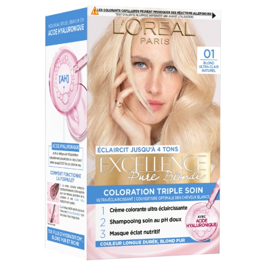 Coloration Permanente 01 Blond Ultra-Clair Naturel Triple Soin Couvre 100% Cheveux Blancs Excellence Crème L'OREAL PARIS