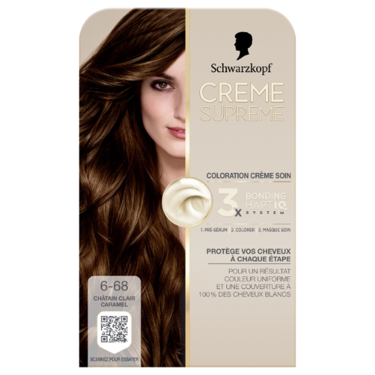 Coloration Permanente 6-68 Châtain Clair Caramel Soin Couvre 100% Cheveux Blancs Crème Supreme SCHWARZKOPF