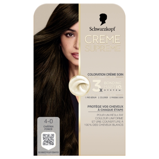 Coloration 4-0 Châtin Foncé Soin Triple Action Couvre 100% Cheveux Blancs Crème Supreme SCHWARZKOPF